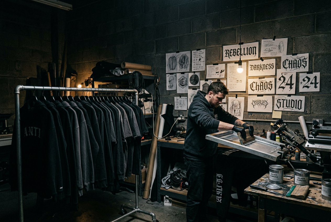 The JG AFTERDARK studio with hoodies on a rack and blackletter sketches on the wall